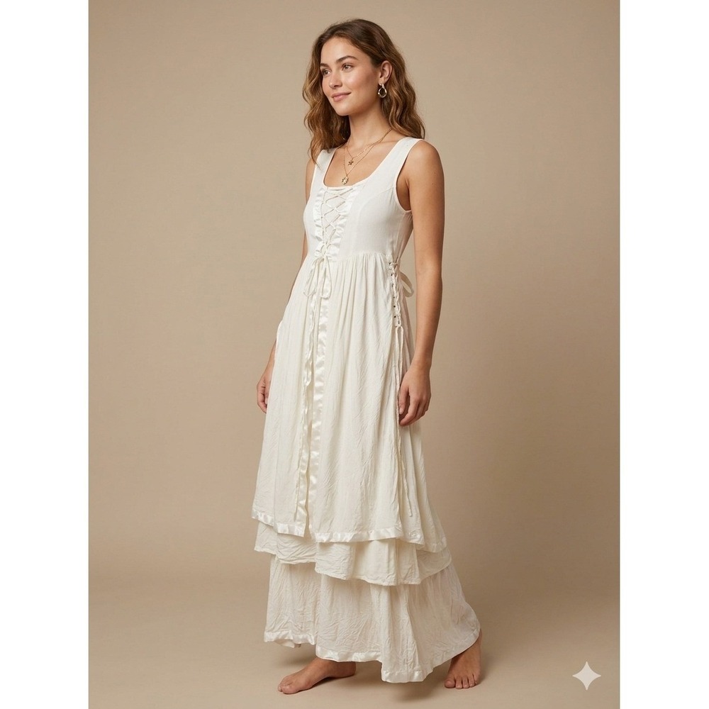 Women's Cream Lace-Up Tiered Midi Dress
